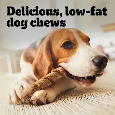 Tekst w języku angielskim: Delicious, low-fat dog chews