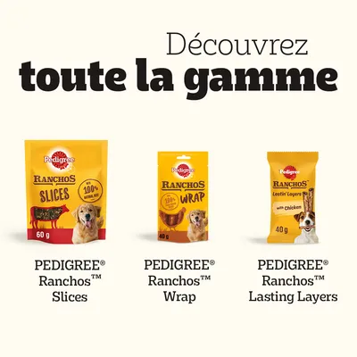 PEDIGREE Ranchos Slices 60 g, PEDIGREE Ranchos Wrap 40 g, PEDIGREE Ranchos Lasting Layers with Chicken 40 g. Découvrez toute la gamme. Texte en anglais sur les emballages.