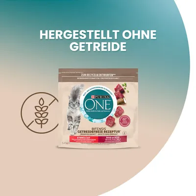 Purina ONE Sterilcat Bifensis getreidefreie Rezeptur, reich an Rind. Verpackung mit Hinweis: Hergestellt ohne Getreide und recycelbar.