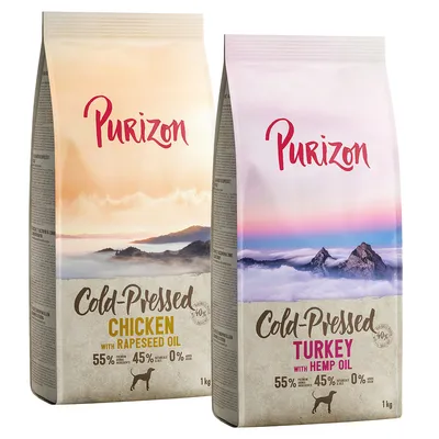 Purizon Cold-Pressed Trockenfutter: Chicken mit Rapsöl und Turkey mit Hanföl, jeweils 1 kg. Protein 55%, Kohlenhydrate 45%, Zucker 0%. Für Hunde geeignet.