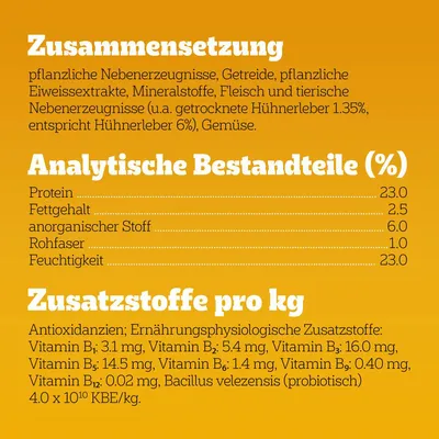 Besedilo v nemščini: sestava, analitske sestavine (beljakovine 23 %, maščobe 2,5 %, anorganske snovi 6 %, vlaknine 1 %, vlaga 23 %) in dodatki na kg. Za podrobnosti preverite sliko.