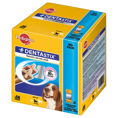 Συσκευασία Pedigree Dentastix για μεσαίους σκύλους 10–25 κιλά, 56 τεμάχια. Εμφανίζεται σκύλος και το προϊόν. Κείμενο: BIG PACK, täglich, un par jour, 8 Wochen-Vorrat, 80 % Zahnstein-Reduktion.