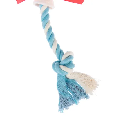 Corde torsadée bleu clair et blanche avec nœud central, extrémités effilochées, en tissu. Aucun texte ou marque visible.