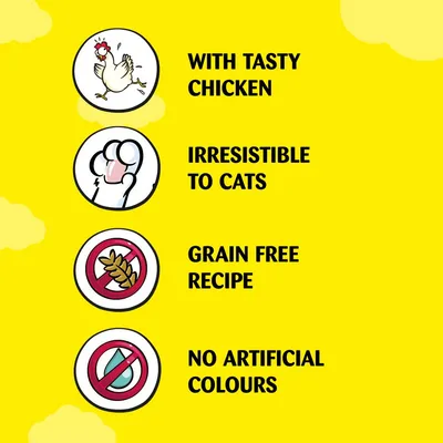 With tasty chicken, irresistible to cats, grain free recipe, no artificial colours.