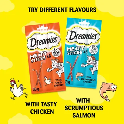 Dreamies Meaty Sticks available in two flavours: with tasty chicken, containing 90% meat, and with scrumptious salmon, containing 90% fish. Each pack contains six sticks.