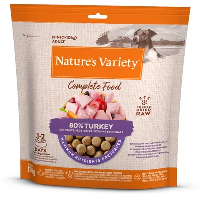 Nature's Variety popolna hrana za mini odrasle pse (1–10 kg), 80 % puran, 20 % sadje, zelenjava, vitamini in minerali, liofilizirano, ohranjena maksimalna hranila, 120 g.