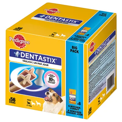 Συσκευασία Pedigree Dentastix, 56 sticks για μικρούς σκύλους 5–10 κιλά. Εμφανίζεται σκύλος, το όνομα DENTASTIX και ένδειξη μείωσης πέτρας έως 80%.