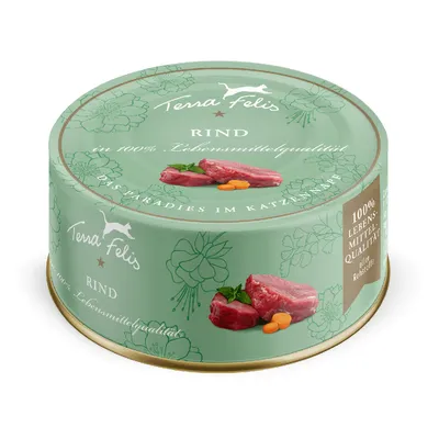 Boîte Terra Felis Rind, texte visible : 100 % Lebensmittelqualität, Das Paradies im Katzen Napf, morceaux de viande rouge et légumes illustrés sur l’étiquette verte.