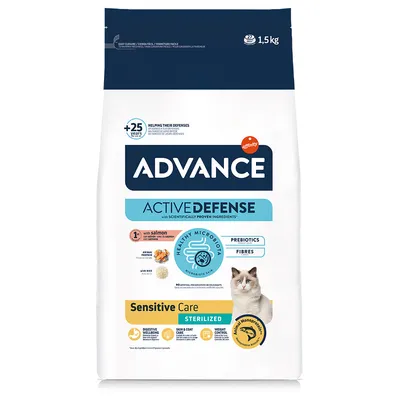 Advance Active Defense Sensitive Care Sterilized kattenvoer met zalm en rijst, 1,5 kg. Bevat prebiotica, vezels, monoproteïne, ondersteunt spijsvertering, huidverzorging en gewichtscontrole.
