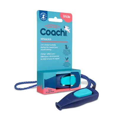 Coachi Whizzclick, 2-i-1 klicker och visselpipa. Perfekt för belöning och inkallningsträning. Navy & ljusblå design med justerbar snodd.