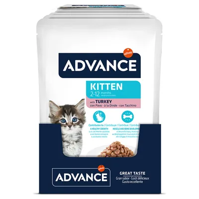 Опаковка Advance Kitten 2–12 months с пуешко, изображение на коте и хапки храна. Видим текст: Contributes to a healthy growth, muscle and bone development, great taste.