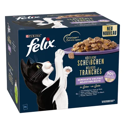 Purina Felix Köstliche Scheibchen zselében, vegyes válogatás marhával, csirkével, lazaccal, tonhallal. 90% állati fehérje, gőzben főzött. A csomagoláson fekete macska és termékkép látható.