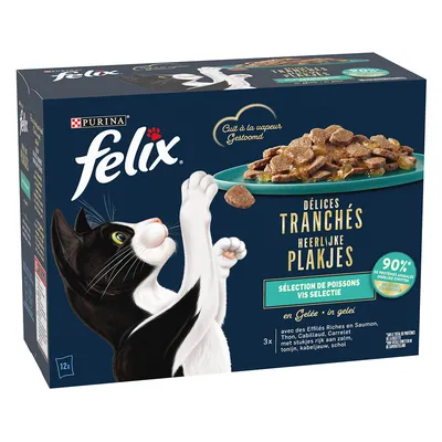 Purina Felix Délices Tranchés in Gelee, Fischauswahl mit Lachs, Thunfisch, Kabeljau und Scholle. 90% Proteine tierischen Ursprungs, gedämpft zubereitet. Packung enthält 12 Portionen.