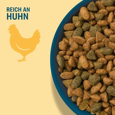 Schale mit braunen und grünen Kroketten, daneben Text: Reich an Huhn und Silhouette eines Huhns. Schale mit braunen und grünen Kroketten, daneben Text: Reich an Huhn und Silhouette eines Huhns.
