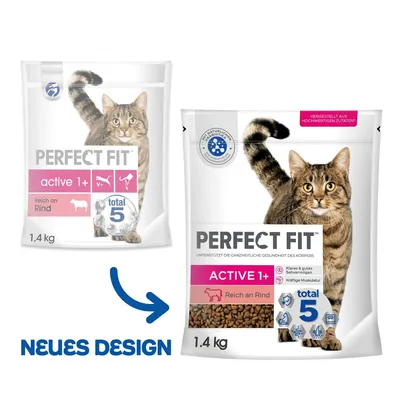 Две опаковки Perfect Fit Active 1+ с говеждо за котки, 1,4 кг, показващи стар и нов дизайн. Видими са лого, текстове на немски и икони за функции. Надпис: NEUES DESIGN.
