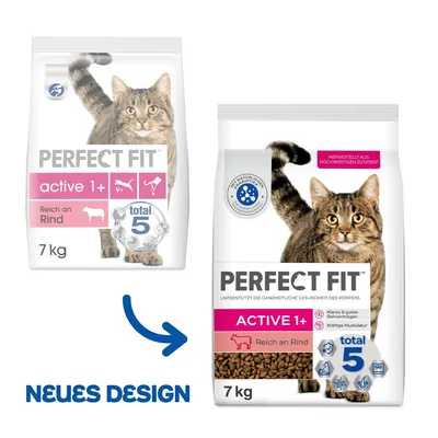 Perfect Fit Active 1+ Reich an Rind, 7 kg, ambalaj vechi și nou cu imaginea unei pisici, text vizibil: total 5, Neues Design, herstellt aus hochwertigen Zutaten.