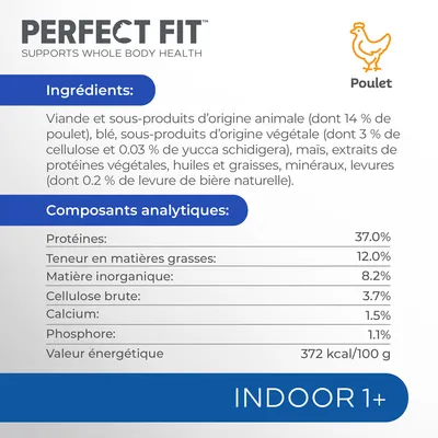 Perfect Fit Poulet. Ingrédients : viande et sous-produits d’origine animale (14 % poulet), blé, extraits végétaux, minéraux. Protéines 37 %, matières grasses 12 %, énergie 372 kcal/100 g.