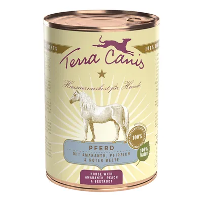 Boîte Terra Canis Hausmannskost für Hunde, PFERD mit amaranth, pfirsich & roter beete, 100 % natur, horse with amaranth, peach & beetroot. Texte en allemand et anglais visibles.