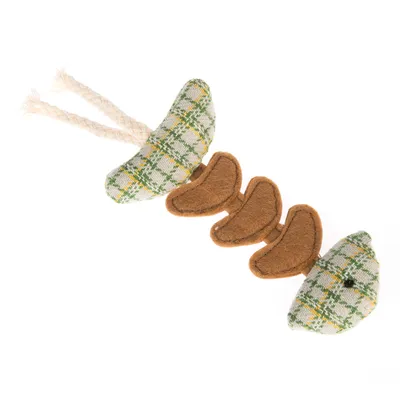 Fabric toy with green-yellow check pattern, brown felt pieces and two white cords.