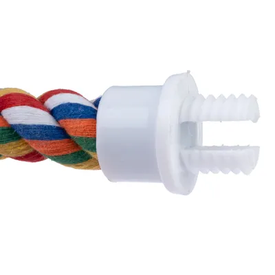 Corde torsadée multicolore avec embout en plastique blanc muni de deux vis en plastique visibles à l’extrémité.