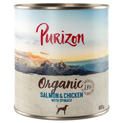 Purizon Organic wet food for dogs, salmon & chicken with spinach, 13% protein, 800g can.