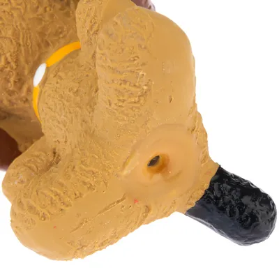 Vista dettagliata di un gioco per cani giallo in plastica con naso nero e foro per flusso d’aria o effetto sonoro.