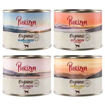 Cztery puszki Purizon Organic: Salmon & Chicken with Spinach, Beef & Chicken with Carrot, Duck & Chicken with Zucchini, Chicken & Goose with Pumpkin. Widoczny napis 13% protein.