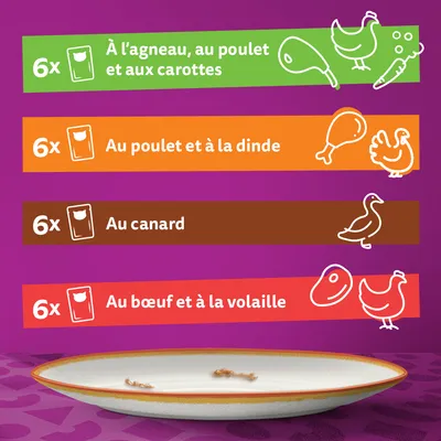6x à l’agneau, au poulet et aux carottes ; 6x au poulet et à la dinde ; 6x au canard ; 6x au bœuf et à la volaille. Assiette vide en bas de l’image.