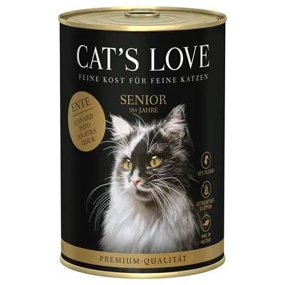 Cat's Love Senior alimento per gatti anatra, per gatti dai 10 anni, 92% carne, ricetta senza cereali, prodotto in Austria.