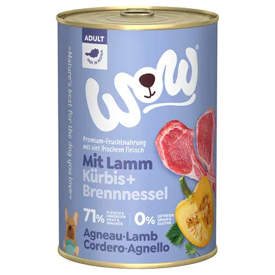 Konzerva WOW Adult Mit Lamm Kürbis + Brennnessel, 71 % Fleisch & Innereien, 0 % Getreide & Gluten, obrázky masa a dýně, text v němčině a francouzštině.