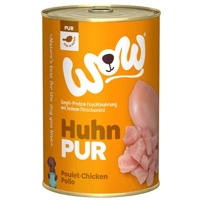 Boîte de nourriture humide pour chien WOW Huhn PUR, Poulet-Chicken-Pollo, Single-Protein, texte en allemand et anglais, image de morceaux de poulet, mention Made in Austria.