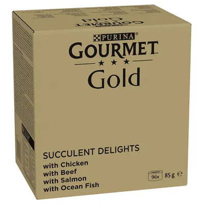 Purina Gourmet Gold Succulent Delights, 96×85 г, вкусы: курица, говядина, лосось, морская рыба.