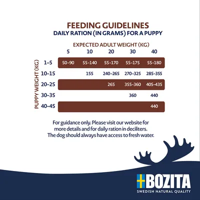 Feeding recommendation for puppies: daily ration in grams based on expected adult weight (5-40kg) and puppy weight (1-45kg). Bozita, Swedish Natural Quality.