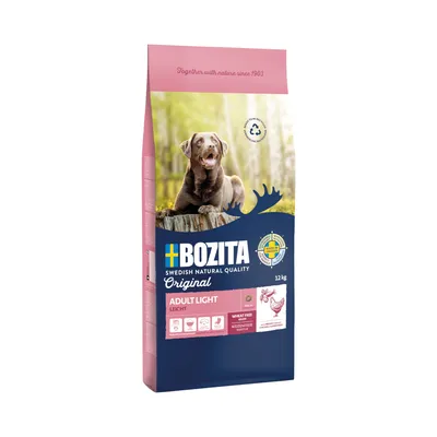 Bozita Adult Light, schwedische Qualität, 12kg, weizenfrei, mit Huhn. Zertifikat: Made in Sweden. Für Hunde geeignet. Verpackung zeigt braunen Hund im Wald.