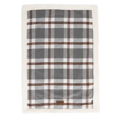 Szürke-fehér kockás takaró barna csíkokkal és fehér szegéllyel, bőr címke 'Modern Living' felirattal.