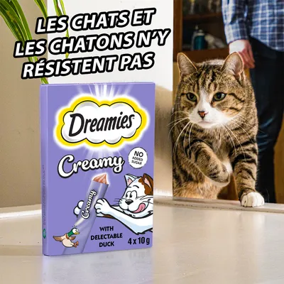 Dreamies Creamy with Delectable Duck, 4 x 10 g, sans sucre ajouté. Texte visible : Les chats et les chatons n’y résistent pas. Chat tigré à côté de l’emballage.