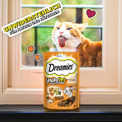 Упаковка Dreamies Shake Ups Multivitamins Geflügel Picknick 55 г. Видны надписи на немецком: UNWIDERSTEHLICH FÜR KATZEN UND KÄTZCHEN, Nur 2 kcal pro Stück.