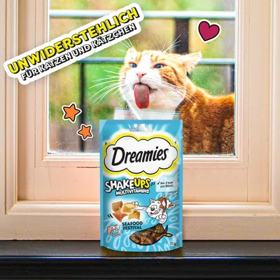 Dreamies Shake Ups Multivitamins Seafood Festival 55 г. Видна надпись на немецком: UNWIDERSTEHLICH FÜR KATZEN UND KÄTZCHEN. Кот за окном, упаковка лакомства на подоконнике.