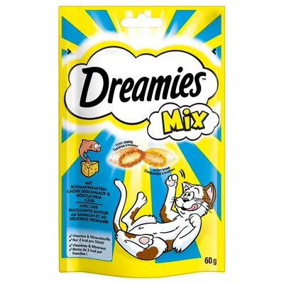 Dreamies Mix, 60 g. Text: Mit schmackhaftem Lachs Geschmack & köstlichem Käse. Vitamine & Mineralstoffe, nur 2 kcal pro Stück. Obrázek kočky a pamlsků s krémovou náplní.