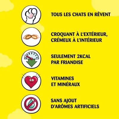Tous les chats en rêvent. Croquant à l’extérieur, crémeux à l’intérieur. Seulement 2 kcal par friandise. Vitamines et minéraux. Sans ajout d’arômes artificiels.