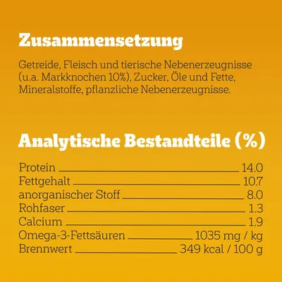 Összetétel: gabonafélék, hús és állati melléktermékek, cukor, olajok és zsírok, ásványi anyagok, növényi melléktermékek. Analitikai összetevők: fehérje 14%, zsírtartalom 10,7%.