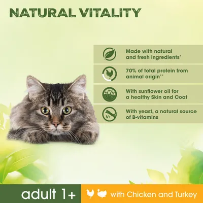 NATURAL VITALITY. Made with natural and fresh ingredients. 70% of total protein from animal origin. With sunflower oil for a healthy Skin and Coat. With yeast, a natural source of B-vitamins. adult 1+ with Chicken and Turkey