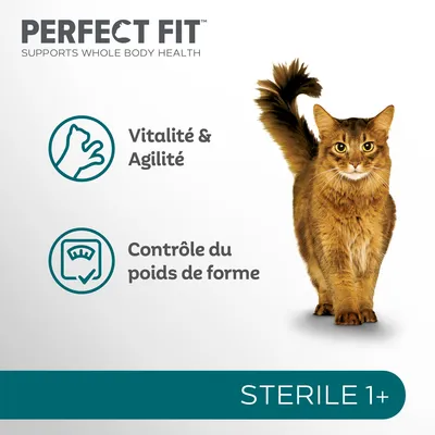 PERFECT FIT, Vitalité & Agilité, Contrôle du poids de forme, STERILE 1+, image d’un chat. Texte en anglais : Supports whole body health.
