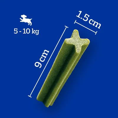 Zelený pamlsek pro psy, délka 9 cm, průměr 1,5 cm. Doporučeno pro psy o hmotnosti 5–10 kg (symbol psa a text).