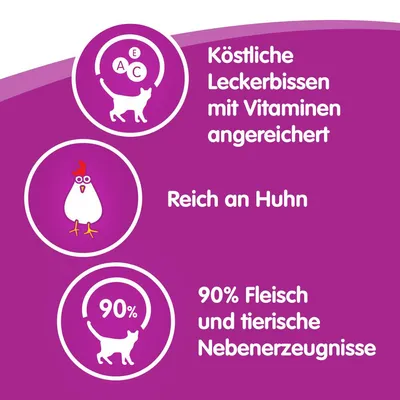 Köstliche Leckerbissen mit Vitaminen angereichert, reich an Huhn, 90% Fleisch und tierische Nebenerzeugnisse.