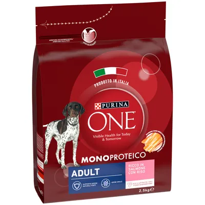 Sac de croquettes Purina ONE Monoproteico Adult, riche en saumon avec riz, 2,5 kg. Texte visible : Prodotto in Italia, supporta difese naturali forti, igiene orale.