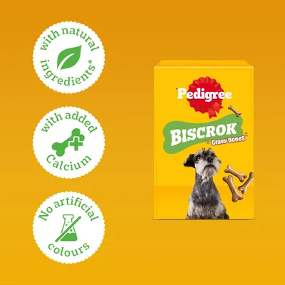 Pedigree Biscrok Gravy Bones. Made with natural ingredients, enriched with extra calcium, no artificial colourings. Pedigree Biscrok Gravy Bones. Made with natural ingredients, enriched with extra calcium, no artificial colourings.