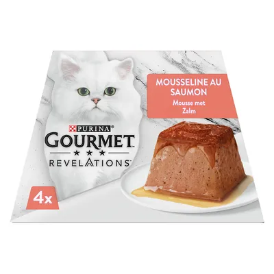 Purina Gourmet Revelations Mousseline de salmão, mousse com salmão, embalagem com 4 porções. Mostrado: produto e gato branco.