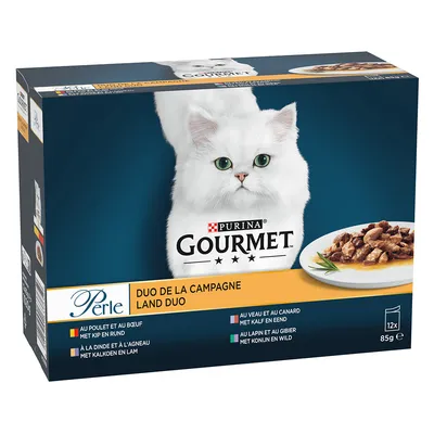 Purina Gourmet Perle Duo de la Campagne, 12x85g. Varieties: chicken & beef, turkey & lamb, veal & duck, rabbit & game. Wet food for cats.