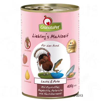 Консерва GranataPet для собак, Lachs & Pute, 400 г. Без зерна. С картофелем, шиповником, петрушкой и маслом примулы вечерней. Изготовлено в Германии.